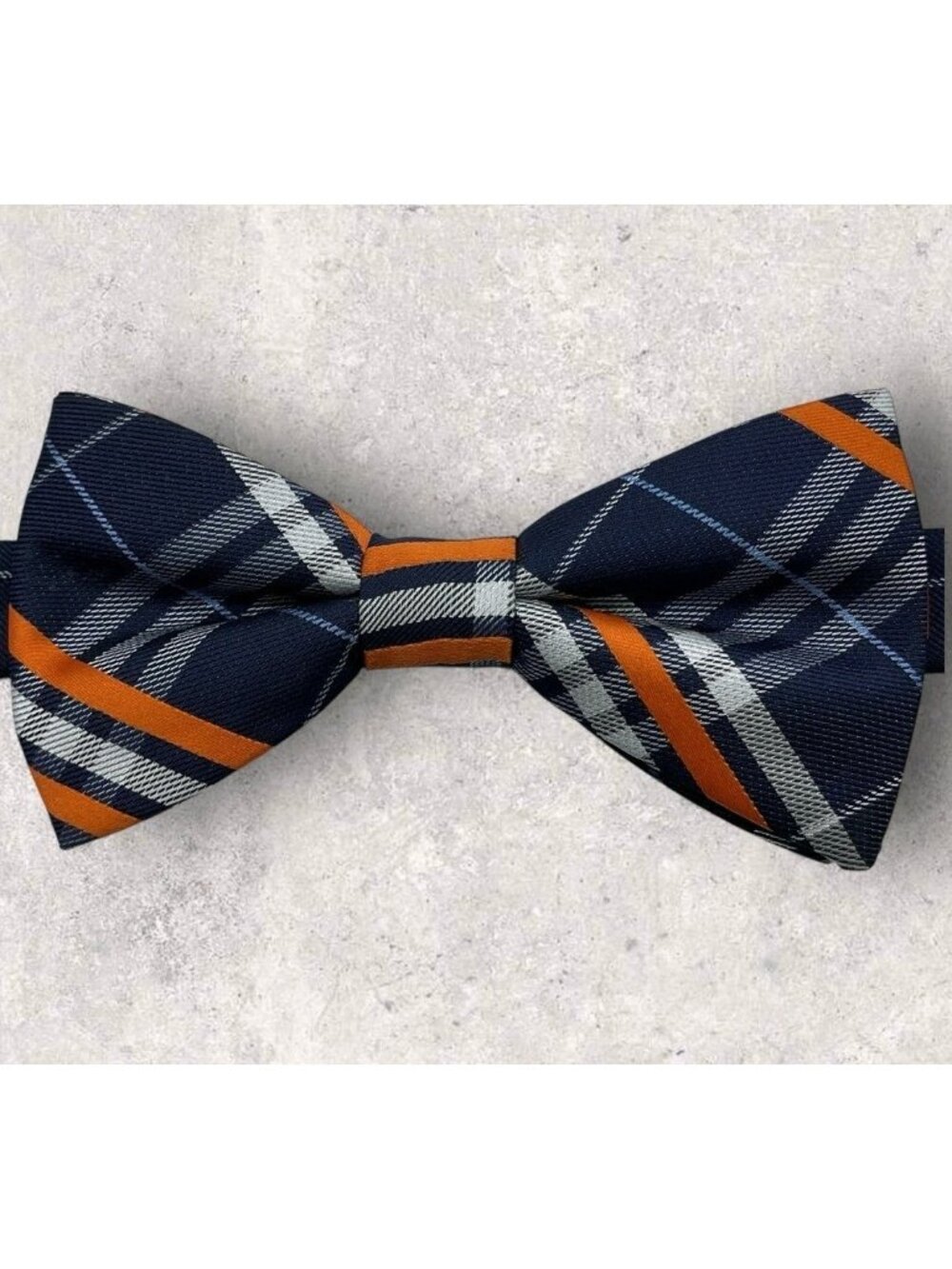 IZOD Men's Polyester Bow Tie LUXURY Navy Orange White Tartan W:2.5" EUC